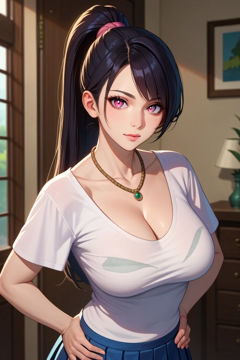(((masterpiece))), (((best quality))), ((ultra-detailed)), (highly detailed CG illustration), Boa Hancock, (masterpiece:1.5), Detailed Photo, Sexy, (Best Quality: 1.4), (1girl), Beautiful Face, (Black Hair, long Hair: 1.3), Beautiful Hairstyle, beautiful detail eyes, (realistic skin), beautiful skin, absurd, attractive, ultra high resolution, high definition, (sexually aroused:1.5), Pinkish white skin, cool white light, sexy pose, Beautiful , white background, pink soft white light, Wear a white tank top,