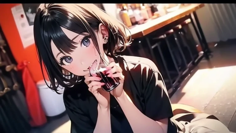 Sit on the sofa,looking ahead,from above,handjob,side view,face focus,open mouth,tongue out,cum on tongue,lick,(1girl,Beautiful 14 year old girl),((Slender,Small breasts,Baby Face,Small face,)),looking at viewer,Black Hair,bangs,two side up,Gray Eyes,Drooping eyes,slit pupils,narrow eyes,White sweater mini dress,bare shoulder,Beautiful and detailed anime art,Mischievous smile,Dimly lit room,Simple Background,Gray background,Low lighting