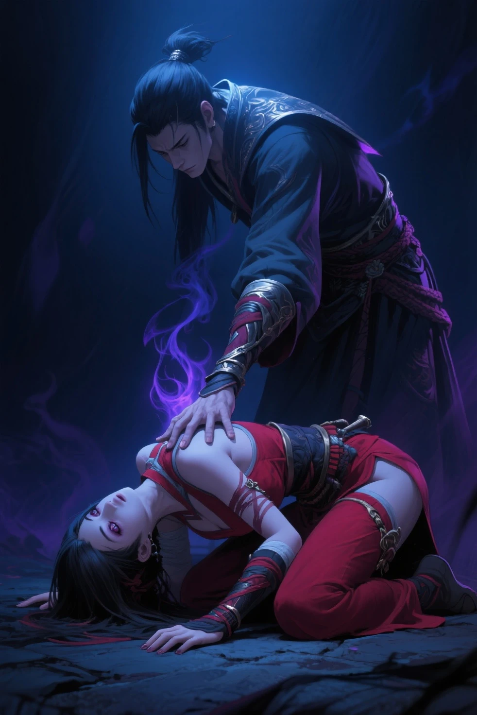 prince of darkness dancing with a beautiful sultry female, that's glowing in the darkness, temple of love in an ancient futuristic civilizations, neon colors, high detail, long shot, wide shot, 4K, 3D, REALISTIC, (iridescent glow smoke), UHD, 32K, very bold neon colors, black light, neon light
