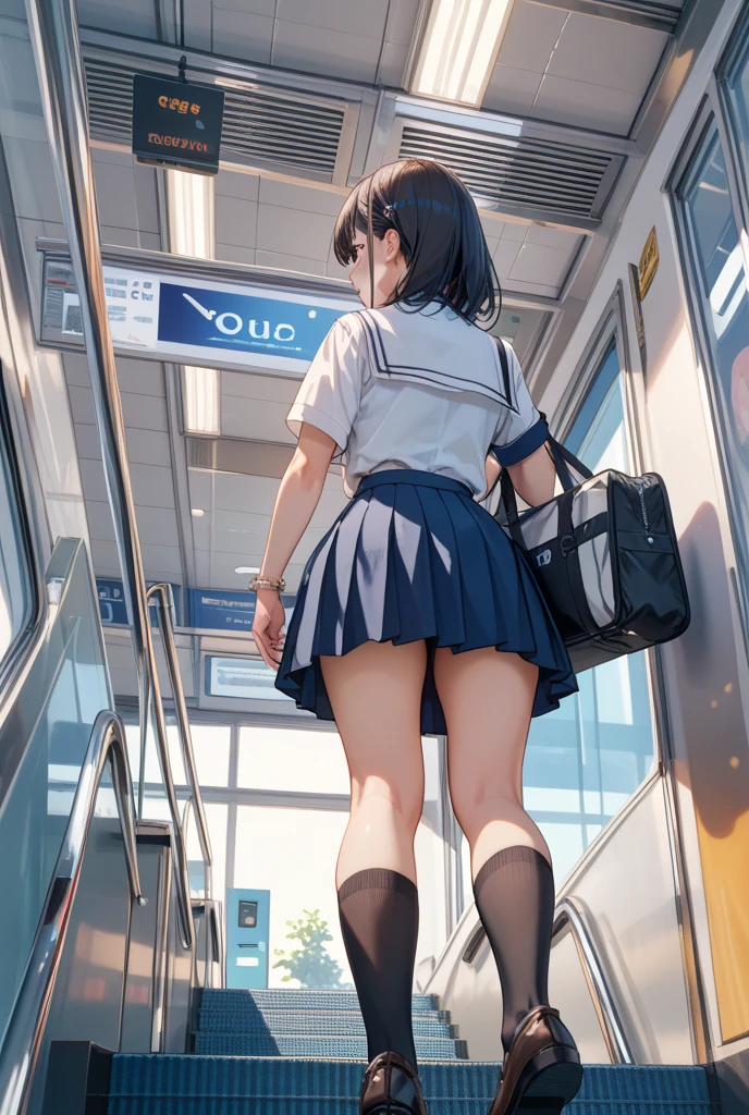 Narrow stairs in metro stations、High school girl in sailor suit runs up in miniskirt、Buttocks visible through a shortened skirt、Lean waist、white sock、Black leather shoes、Composition looking up at the buttocks of a girls' high school from behind、Plaid skirt