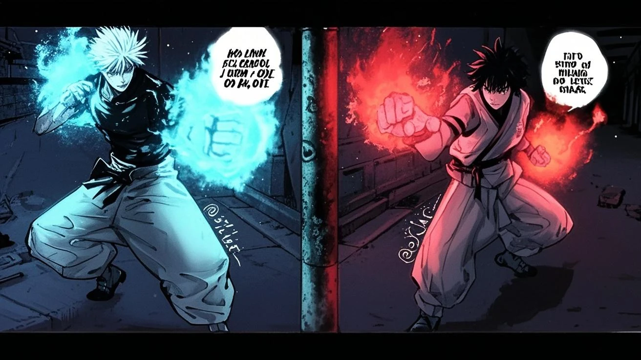 Clenched fists, protruding crotch