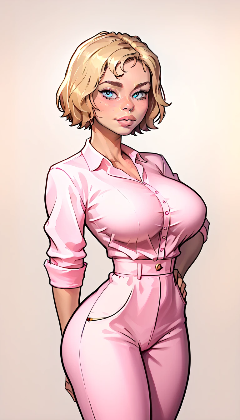 Thin woman, 4K, beautiful smiling, teacher in pink v-neck dress shirt, red belt, long black frilled skirt, Caucasian skin, round glasses, blonde hair with round ponytail, eyes browns, busty. comic style, white background.