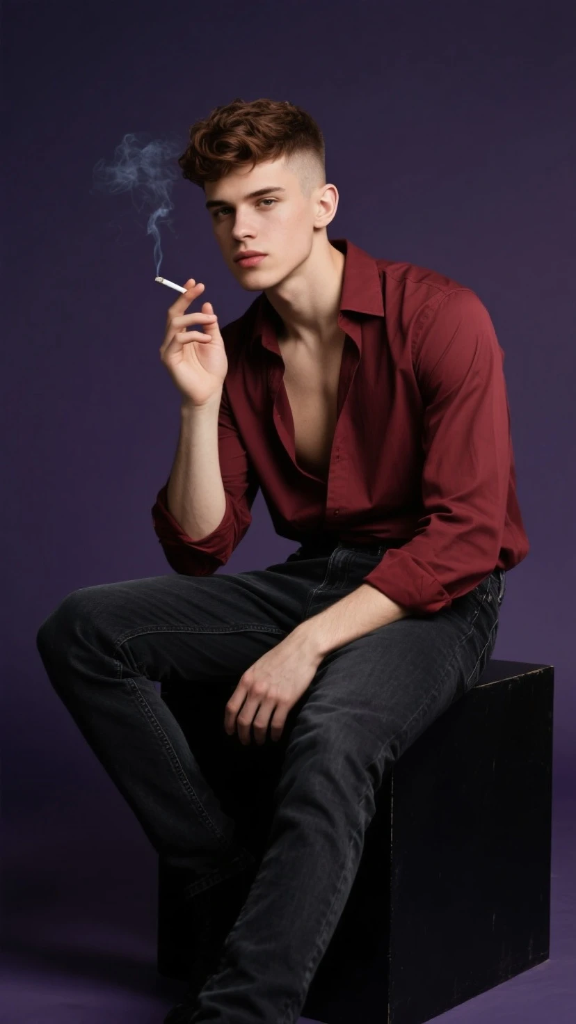 (best qualityer) a young lad, Scrawny, wearing no shirt, in red pants, with a sad face, sitting on a chair Next to him a small round table with some cards on top, on the other side is a window overlooking a lake 