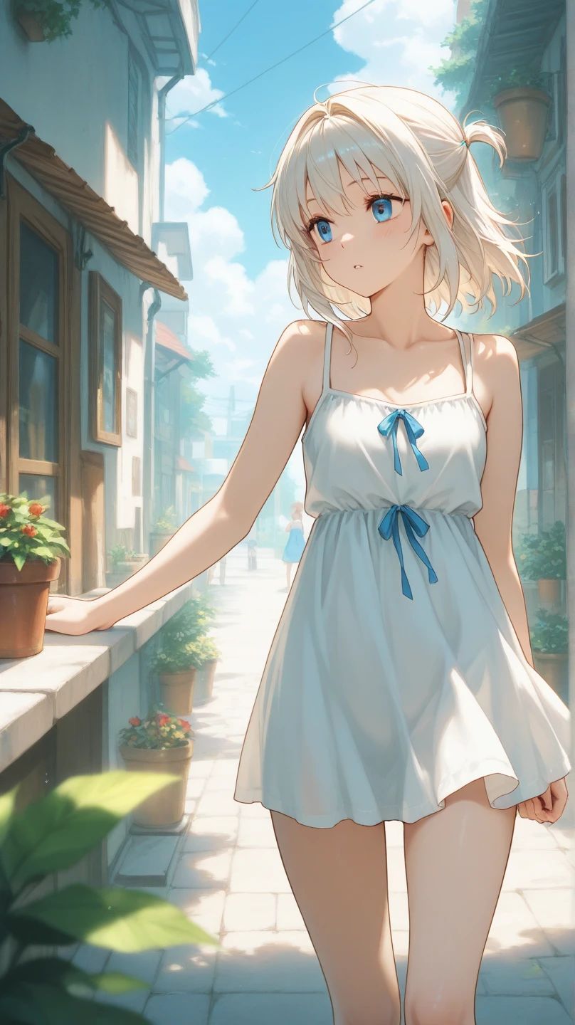 (masterpiece), (top-quality), (White tube top extra small dress:1.5), (Exposed shoulders:1.5), (Towel fabric:1.5), (blushed face:1.3), (barechested:1.3), (Realistic:1.5), 1 little girl, Precise little hands, Embarrassed look, Smile, a very pretty girl, Baby face, Clear eyes, Shining eyes, shoulders can be seen, tiny chest, thigh visible, No pubic hair, Beautiful skins, ultra-definition, Top resolution, At the Kurokami School Building