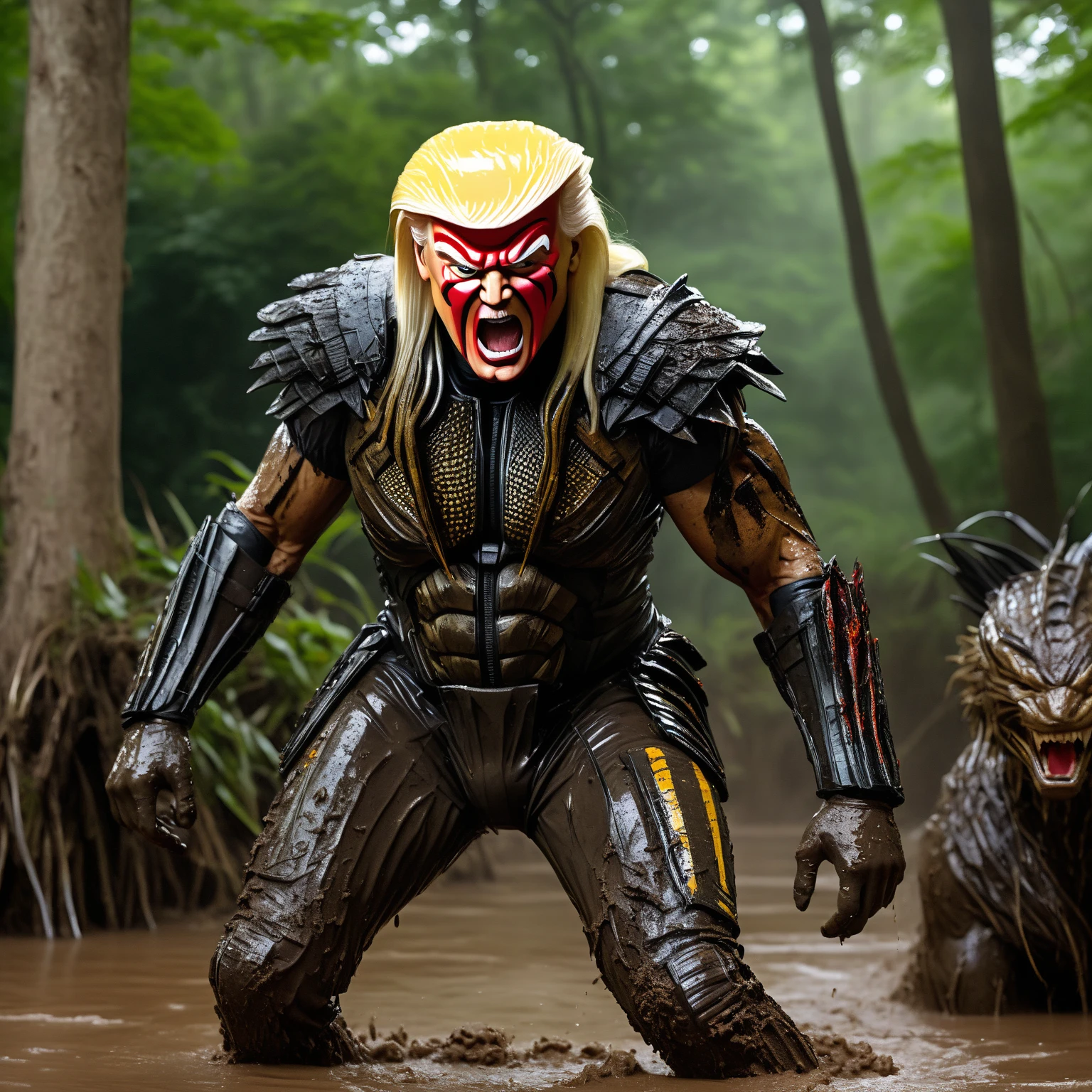 best quality,4k,8k,highres,masterpiece:1.2,ultra-detailed,realistic:1.37,predator,portrait,Trump in Dutch's role,Trump covered in mud,beating the stuffing out of Biden-themed Predator,White House,action-packed,aggressive lighting,vivid colors,Trump's fierce expression,strong muscles,sweat dripping,thick mud on Trump's body,Predator's Biden-themed markings,Trump's powerful punches,Trump's determined eyes,Trump's intense concentration,Trump's firm stance,explosive action,chaotic battle,shattered glass,crumbling walls,Trump's triumph,Trump's dominance,instant classic