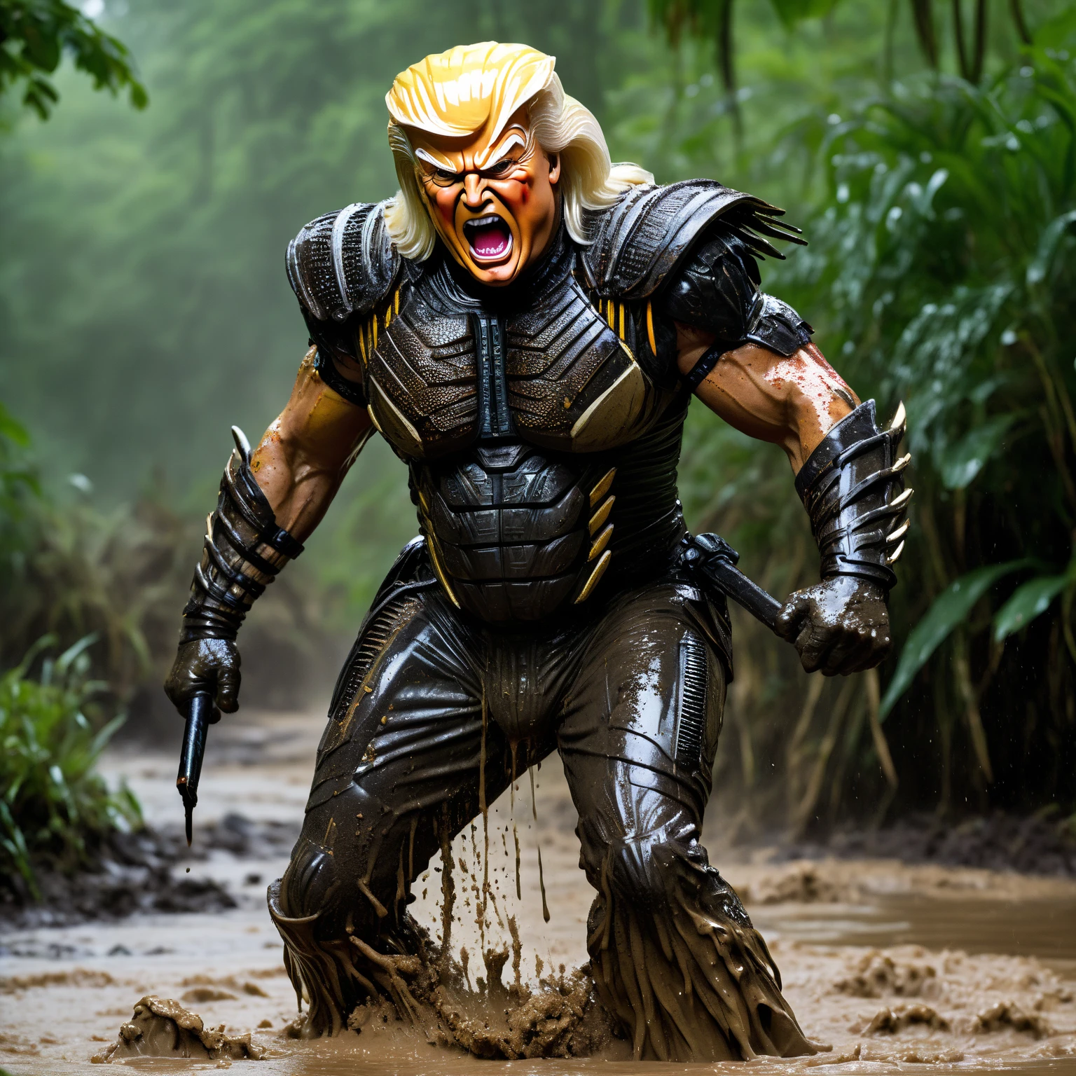 best quality,4k,8k,highres,masterpiece:1.2,ultra-detailed,realistic:1.37,predator,portrait,Trump in Dutch's role,Trump covered in mud,beating the stuffing out of Biden-themed Predator,White House,action-packed,aggressive lighting,vivid colors,Trump's fierce expression,strong muscles,sweat dripping,thick mud on Trump's body,Predator's Biden-themed markings,Trump's powerful punches,Trump's determined eyes,Trump's intense concentration,Trump's firm stance,explosive action,chaotic battle,shattered glass,crumbling walls,Trump's triumph,Trump's dominance,instant classic