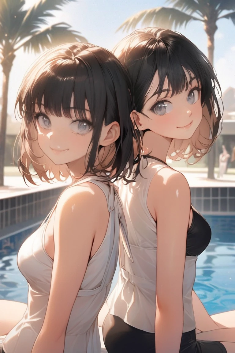An 18-year-old female and a 12-year-old female,Black Hair,Short Hair,There is a height difference of 20 centimeters,Swimwear,They are glaring at each other with their faces close together.,Are arguing,School,Standing firmly facing each other,Alley,whole body,Angle from the side
