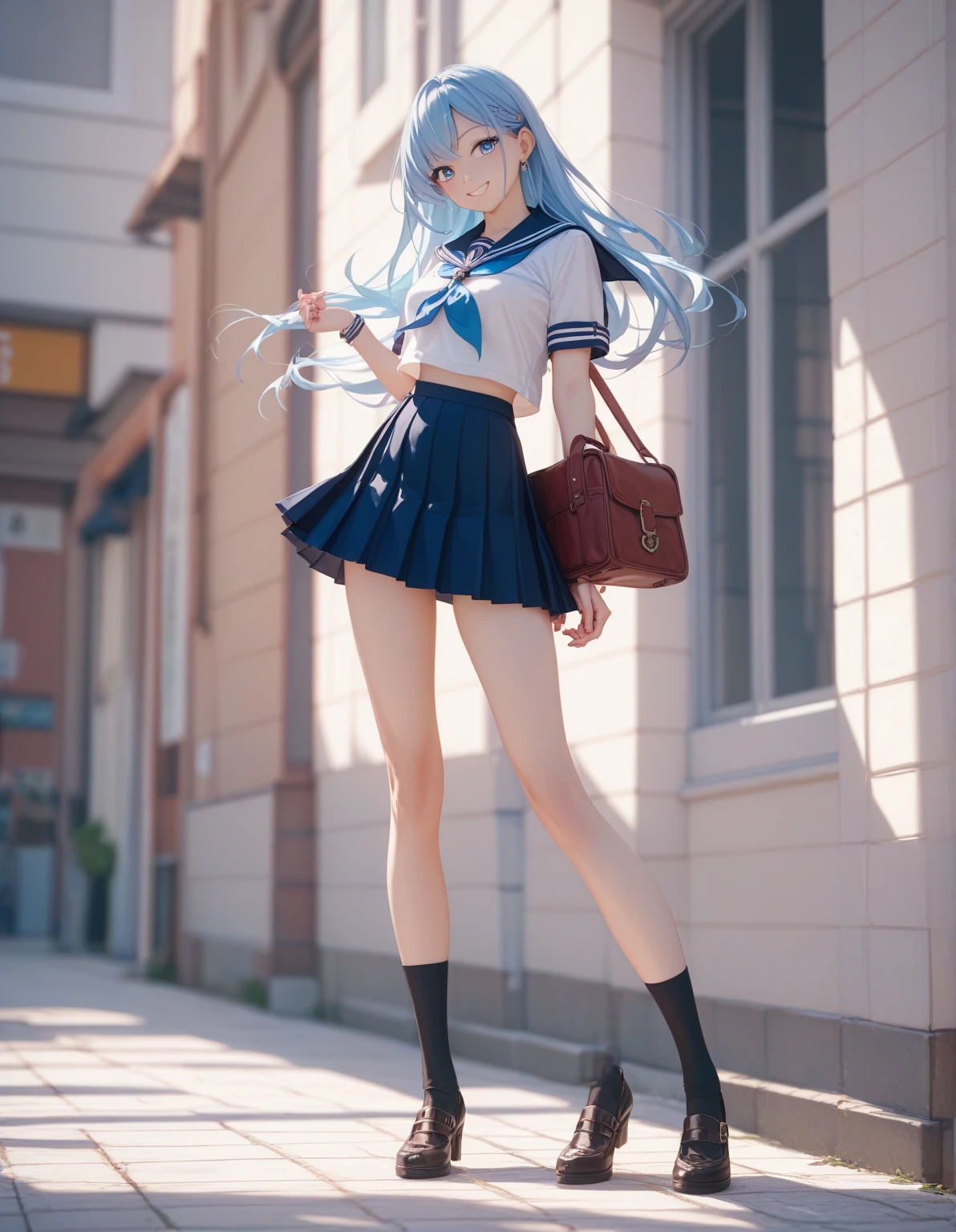 (((anime-style cute face))),(((Full body photography))),(((Blue twin tails))),Highest quality, (Sharp details), (8k, RAW Photos, Highest quality, masterpiece), (extremely detailed 8k wallpaper),Professional Lighting,Sharp focus, Depth of written boundary、Ticker,(((Face close-up)))、(looking at the camera),((Happy face))、Very big eyes、（（anatomically correct body））、Big thighs、Light from the front、The face is bright、Inside a convenience store、Healthy small breasts、Slightly muscular、（Convenience store clerk costume）、（Sports sneakers）、（（（Knee-high socks）））、Side Shot、lure、Lots of sweat、Accentuate your body lines、A little frill、（（Very wet uniform））（（Sexy underwear is visible））（Adult sex appeal）　