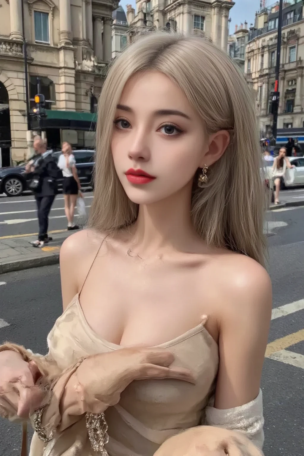 Best quality, 8k, 32k, Masterpiece, UHD:1.3),Photo of glamorous German woman eating pasta while standing in a street of Italy, 1girl, ((medium breasts :1.5)), ( slender figure, perfect body :1.2), medium blonde hair: 1.1, (white pretty dress: 1.1), (outdoor, daytime :1.2), (blurry people walking in the background) ultra-detailed face, detailed lips, detailed green eyes, double eyelid