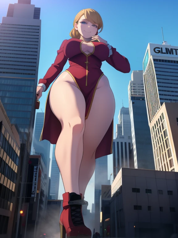 An anime female character walking in a city, 1girl, GTS, giantess, bikini, curvy, busty, smirk, evil, thick thighs, walking, taller than buildings, stepping, rampage, sky, cloud, full body, breasts