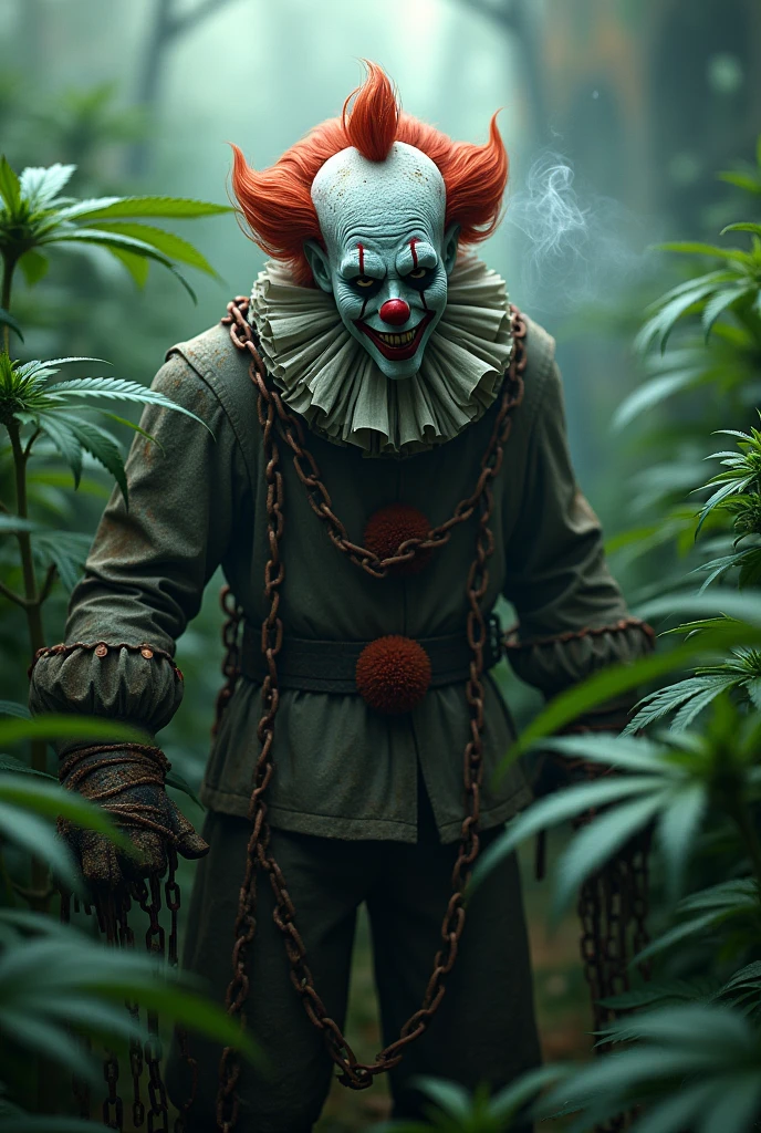 A scary clown with 5-sided leaves and a gun and marijuana plants 