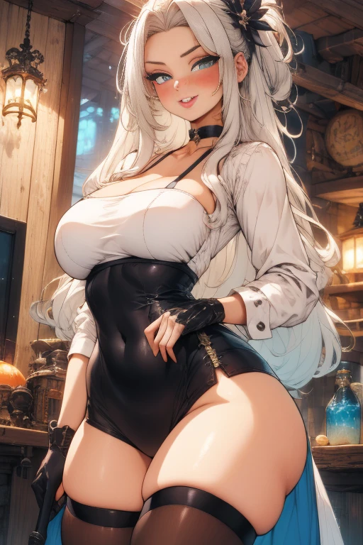 masterpiece ,best quality , 1 girl , 1 geese , (huge tits:1.1) , (thick arm:1.1) , thick thigh , huge hip , silver hair , lab coat , doctor's white robe , evil smile , black glasses ,