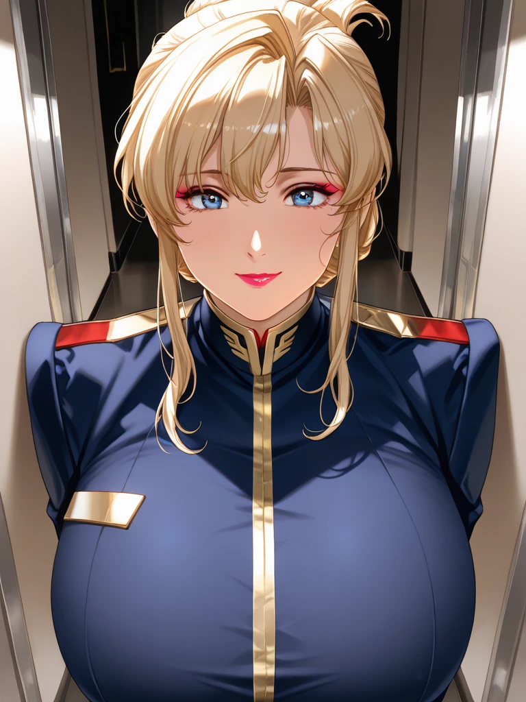 A young sexy woman with blond hair and blue eyes,short hair,wearing hot clothes,Sitting in the spaceship seat,Beautiful starla can be seen in the window,Smile,Blushing,Large Breasts,Sexy