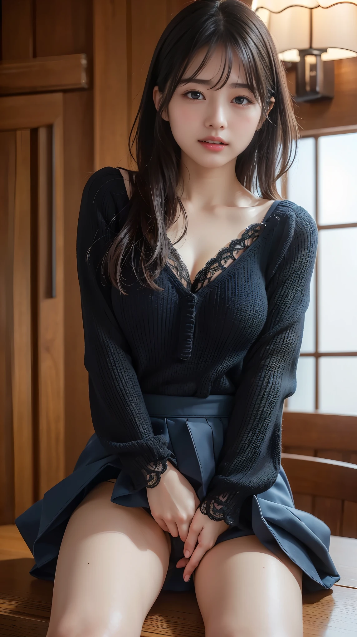 Best Quality, (A MILF:1.4), Sit on the bed, Put your hands on your head, short-hair, (huge-breasted:1.4), (pencil skirts:1.4), (tight lace blouse:1.2), (Smile), (pantyhose:1.0)