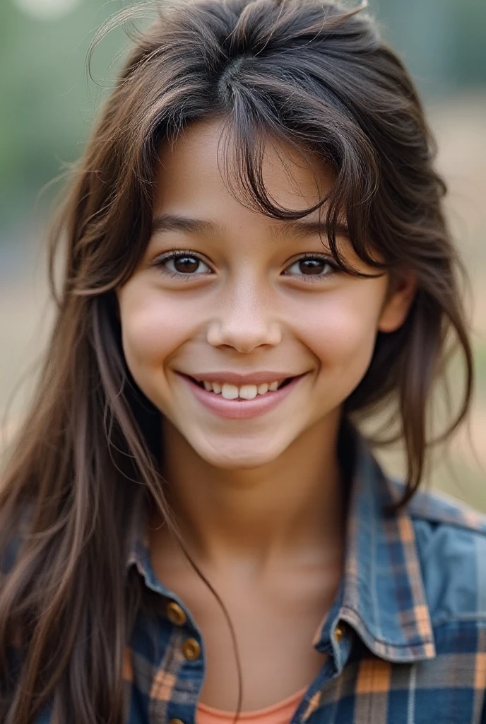 brunette girl, long brown hair, brown eyes, dark skin, big mouth looking in front of her