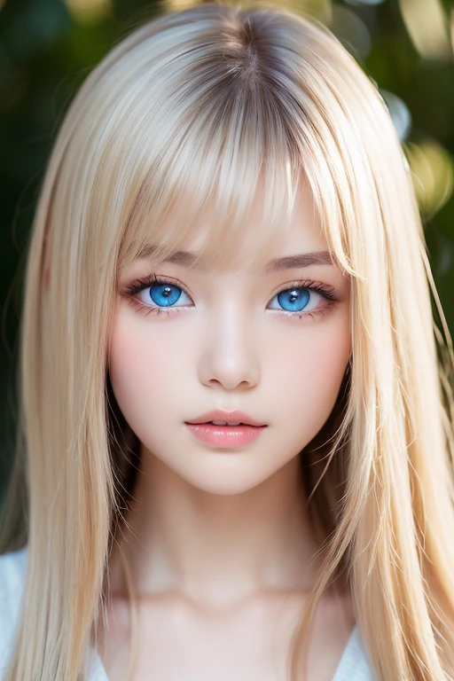(Close-up:1.4)、(RAW shooting:1.2)、(Photorealistic:1.4)、(masterpiece:1.3)、(highest quality:1.4)、Bright expression、very beautiful blonde girl、Extraordinary blonde beauty、Detailed cute and beautiful face、Beautiful bangs、Shiny white glossy skin、Facial hair、Bangs that reach the face、Bangs between the eyes、Super long blonde hair、Attractive bright platinum blonde super long straight silky hair、Thin Hair、Attractive shining beautiful bright clear light blue big eyes、White Apron、Yellow dress、eyeliner、Double eyelids、Ample Bust、Upper body、