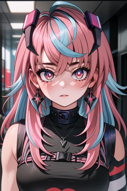 best quality, (masterpiece),(ultra-detailed), (high quality), (high resolution), <lora:emikukis3:0.7> emikukis, multicolored hair, blue hair, pink hair, streaked hair,red eyes, underboob, upper body, multicolored eyes,