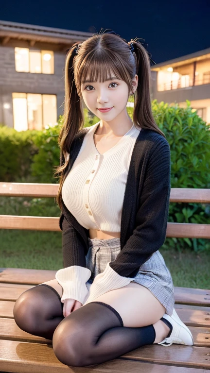 ((highest quality、8K、masterpiece:1.3))、Are standing、sharp focus:1.2、(realistic、Photoreal:1.37)、laughter、Turn to the audience、put one&#39;put one&#39;s feet in front of the audience、beautiful face woman、28 years old、pointed chest、NSFW、long eyelashes、colored contact lenses、big 、delicate、very fine eyes、highly detailed eyebrows、（sharp eyebrows）、（thin eyebrows）.highly detailed face、(brunette tousled hair:1.3),Black Long Sleeve Knit Turtleneck、small necklace、((Fringed Pocket Tweed Mini Skirt))、((pantyhose:1.4))、beautiful thighs、from below、detailed background(8K、masterpiece、highest quality、Raw photo)、knee high boots、Touching the thigh、raise one knee、A quiet residential area,(shining smile:1.5)