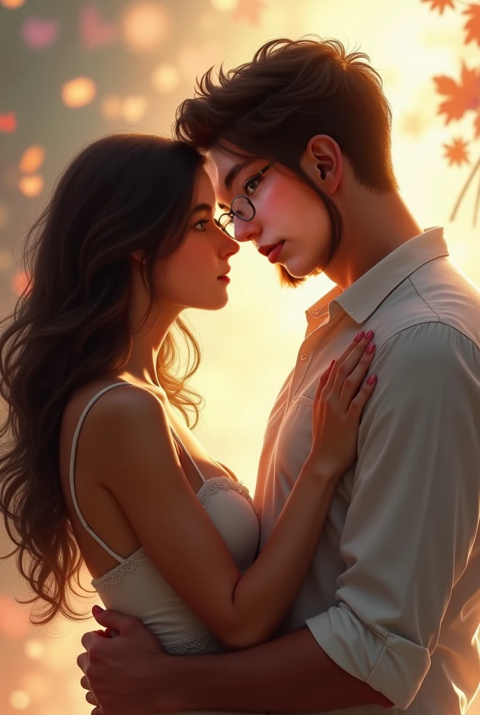 Woman with long black hair in blue blouse wearing glasses hugs man with messy black hair without beard