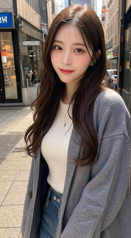 (1 Korean star with royal sister style), ((best quality, 8k, masterpiece: 1.3)), focus: 1.2, perfect body beauty: 1.4 , (smile), (Street: 1.3), highly detailed face and skin texture, fine eyes, double eyelids, whitening skin, (big wave hairstyle: 1.3), (round face: 1.5), (shawl skirt: 1.4),