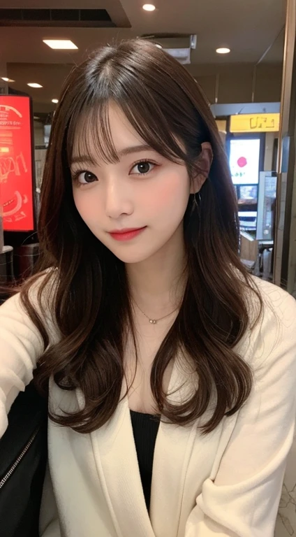 table top, highest quality, shape, Super detailed, finely, High resolution, 8k wallpaper, 完璧なダイナミックな構shape, beautiful and detailed eyes, Gorgeous winter fashion using fur,straight hair,small breasts、natural color lip,20 year old girl、cute、sexy looking at camera,beautiful and detailed face,perfect and beautiful face,KPOP idol face,Japanese idol faces,Elegant face,RAW photo,Big eyes,gal makeup,blur the background、smile、Take a close-up photo of your face