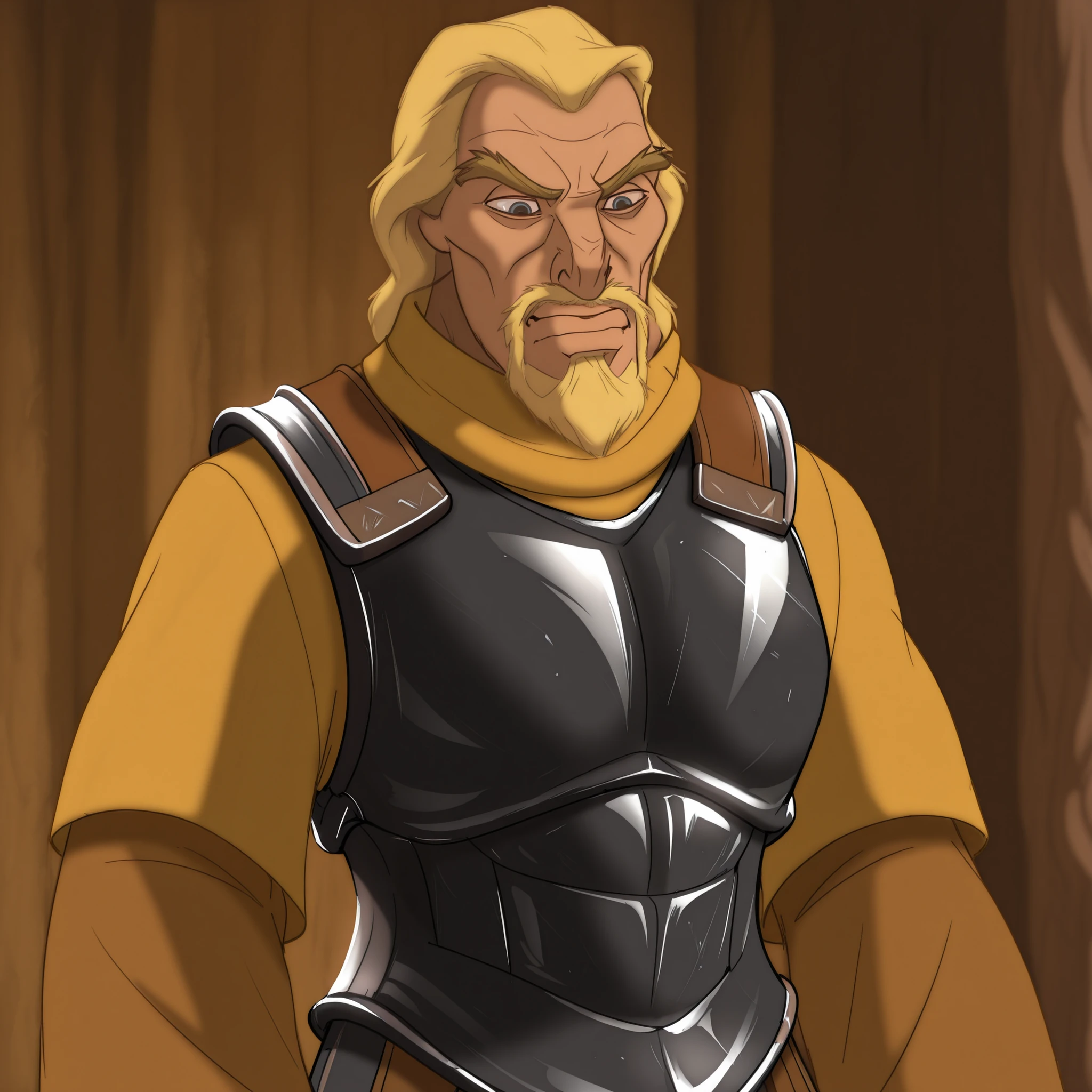 masterpiece, best quality, DisneyClassics blonde hair, askellad, mature male, old man
armor, black breastplate, yellow shirt