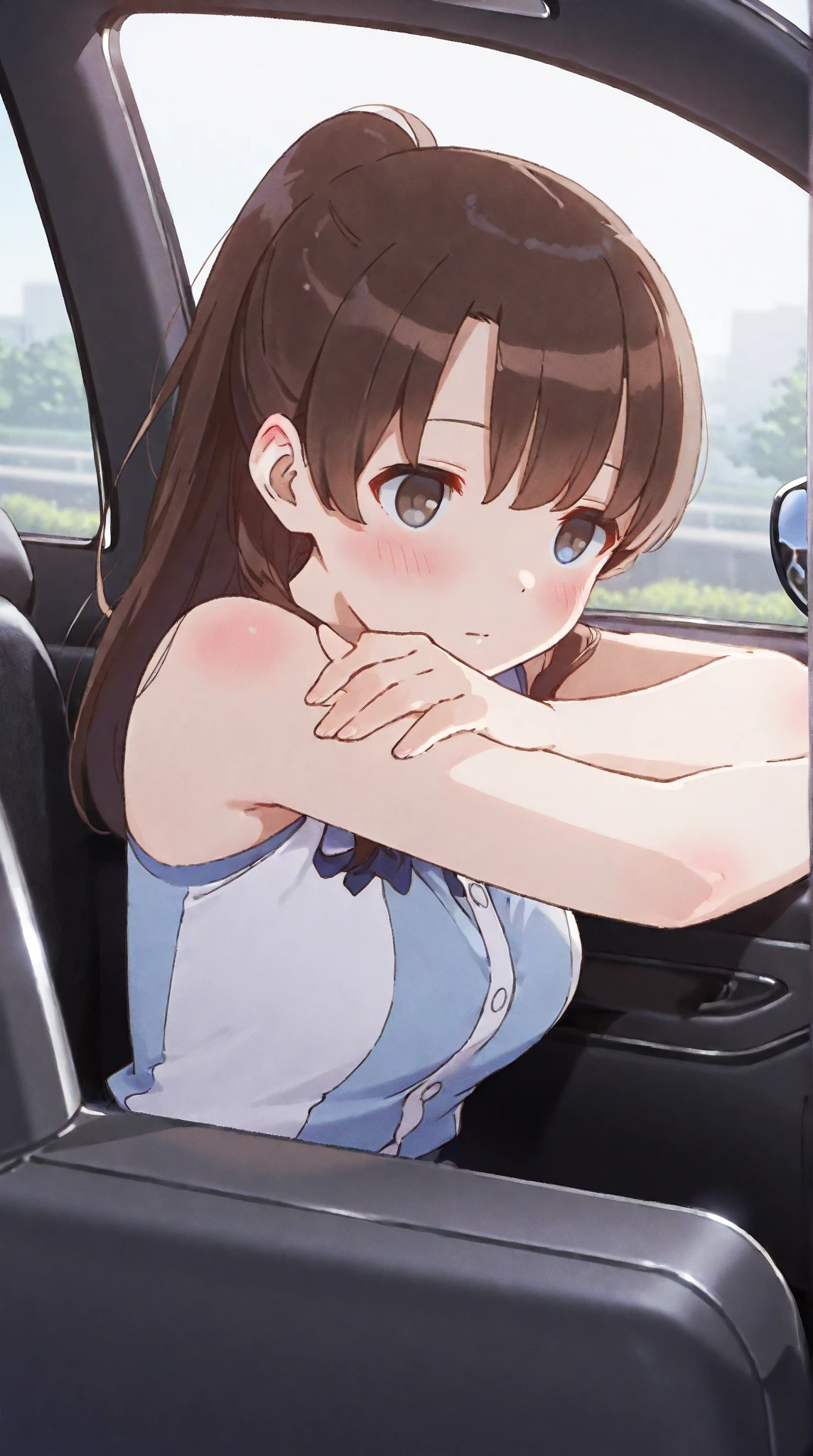 In the car,Lying on your back,,1 Girl, Red eyes, Twin tails, brown hair,((顔 focus)),upper body,Nude,pussy,bangs, eyebrows visible through hair, Small breasts,1boy,penis in vagina,ass pov,vaginale,Sex,cum in pussy,Woman on top,Men are down