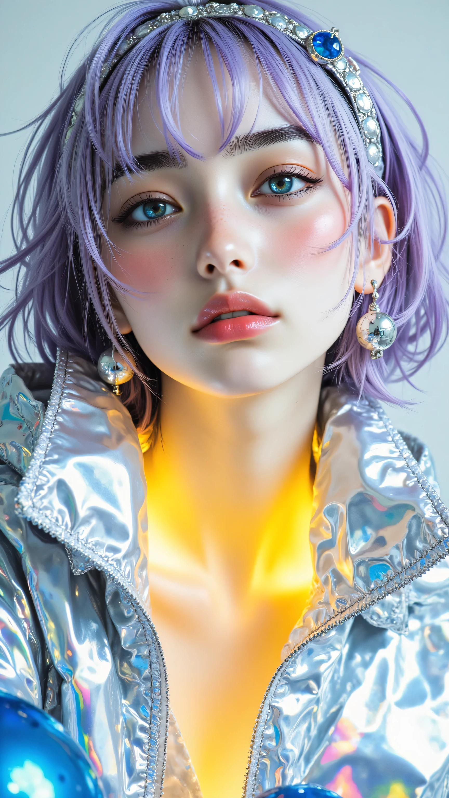 8k, Masterpiece, Top Quality, medium close-up, slightly low angle, stylized woman, pale lavender skin, bright yellow orange internal glow emanating from neck and chest, glowing closed eyes, light purple stylized bob hair, wearing metallic headband with blue emblem, abstract metallic earring, iridescent light blue puffy jacket with high collar, head turned profile, serene expression, contrast lighting, soft external lighting, misty effect at bottom, plain light grey background