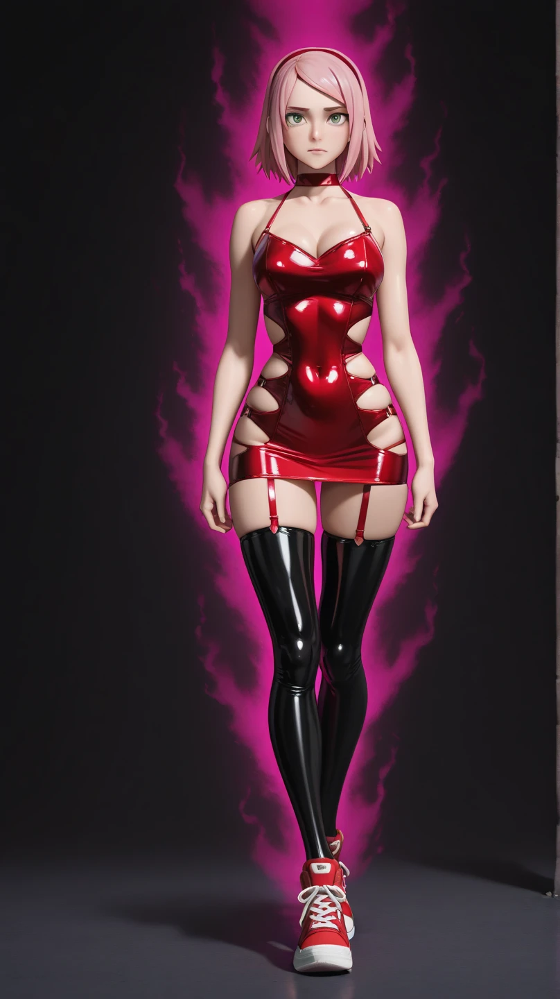 Cyberpunk, sultry, very short see through skirt, lace fabric, red strappy undergarments, Red lace bra, stiletto high heals, black lace thigh high stockings, badass, remove glasses, No eyewear, Delete glasses, brown eyes, See through dress, breasts poking fabric, Red thong seen through skirt, Detailed face, Perfect hands, 8k shot on dslr, High rez thin lips, red lip gloss on lips, Long legs, Perfect legs, Perfect feet, Red nail polish on toenails and fingernails. Anatomically correct.