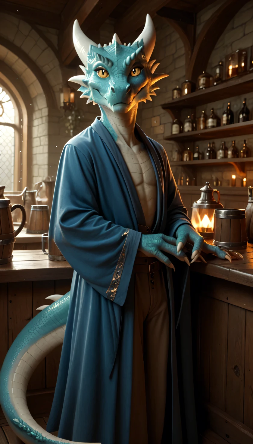 (((beautiful, high quality))), score_9, score_8_up, score_7_up,
(Kobold), solo, furry dragon, tail, short stature, two horns, (male), light gray scales, yellow eyes, toned, detailed eyes, portrait, medieval trousers, blue wizard robe, inside, looking at the viewer, tavern background, perfect focus