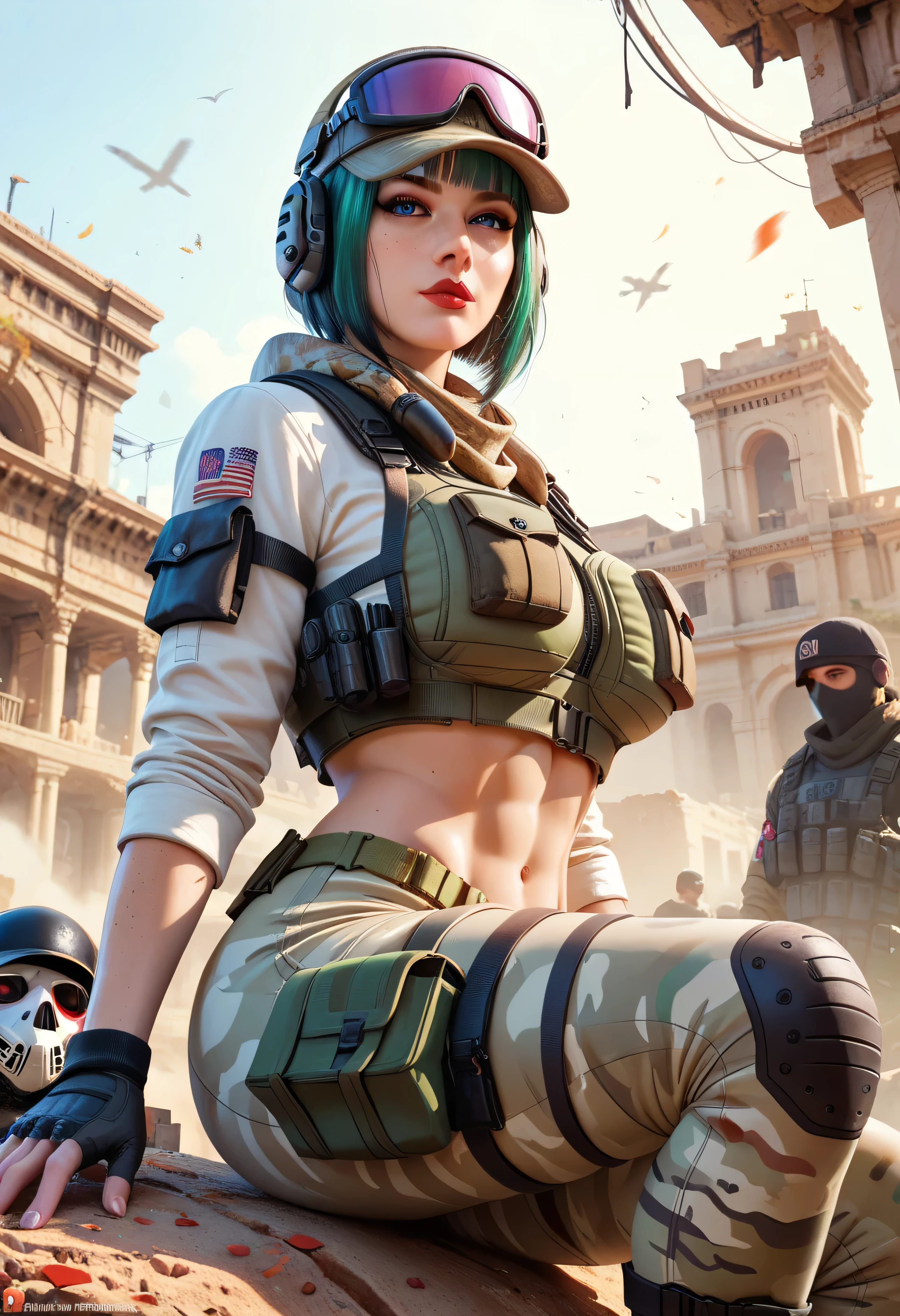 score_9, score_8_up, woman, athletic body, hourglass body, Ela Bosak from Rainbow Six Siege, seductive pose, Standing, tactical gear, green hair, thigh straps, clothed, revealing clothes, seductive face, beautiful eyes, detailed eyes, city scape background, black cap, pink goggles on cap, green yoga pants, black nails, choker,