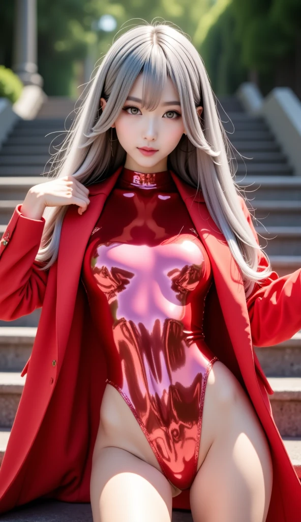 (((Sitting on legs bending knees))) (RAW photo, top quality, masterpiece: 1.2), (realistic, photoreal: 1.4), (masterpiece: 1.4), (best quality: 1.4), 1 girl, solo, :d, beast ear headphones, beast ear, arm up, bangs, blush, bodysuit, chest, bunny pose, clothes writing, covered navel, cowboy shot, cropped jacket, fake animal ears, gloves, outdoors, morning, snow, hair intake, headphones, impossible bodysuit, impossible clothes, jacket, big, latex, latex bodysuit, long hair, long sleeves, looking viewer, big, multicolored gloves, open mouth, bodysuit, pink eyes, red eyes, red jacket, shiny clothing, shrug \(clothing\), side locks, tight skin, smile, thigh gap, thighs, twin tails, Very long hair, white gloves, white hair, Alice \ (Nicke\), (shiny skin), real,