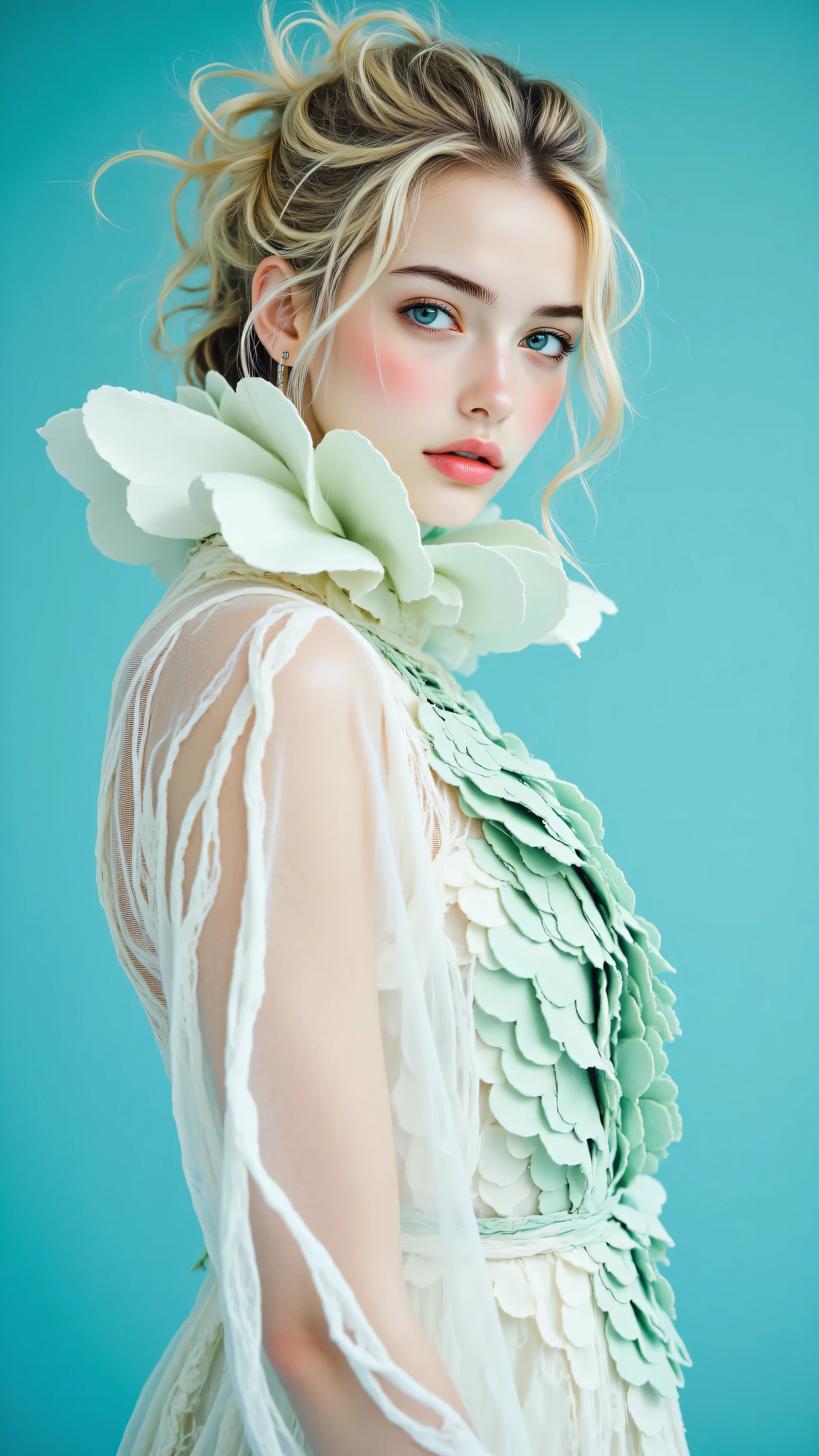 8k, Masterpiece, Top Quality, medium close-up, woman, pale skin, striking light blue eyes, blonde hair in elegant updo with curly tendrils, wearing sculptural avant-garde dress, high draped neck, layered wavy petal-like structure in pale mint green and off-white gradient, sheer sleeve with opaque white wavy lines, three-quarter view, looking over shoulder at viewer, soft even studio lighting, plain vibrant cyan background
