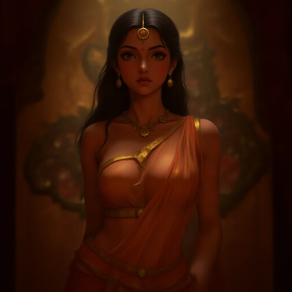 Femme de 30 ans, égyptienne, corps généreux , a l'Égypte antique, avec une très forte poitrine, a la peau de serpent, dans un temple égyptien, porte une robe rouge et maron couleur sable, moule le corps, vêtements transparent, femme avec de long cheveux raide noirs orné de nombreux bijoux, la femme est très enceinte de serpent, sa poitrine est gonflé de lait, la femme a des crochets de serpent visible lorsqu'elle sourit, la femme a des yeux doré a pupilles reptilienne, la femme et une femme serpent