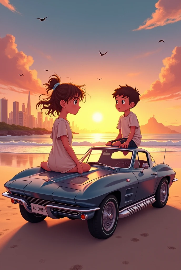 A boy and girl sitting in sea beach and enjoying the sunset with pleasent nature and clan sky and near by there is sports car