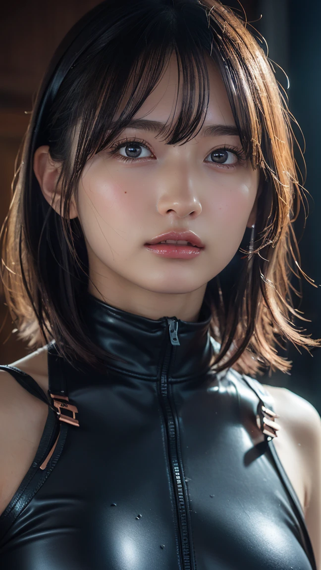 Woman on a motorcycle、knee high、short-cut、(Colossal tits:1.3)、(​masterpiece、top-quality)、((20 year old woman:1.2))、Young adorable Japan face, dewy skin, Soft portrait shots,8K,、very extremely beautiful、(Wet body 1.3)、close up of face