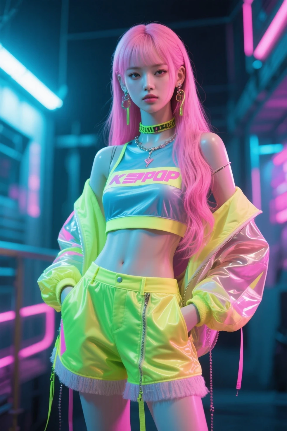 “Develop an HD Ultra Realistic image of Young Attractive Asian Woman Sophie Tan posing in a Y2K fashion scene. Sophie is outfitted in a neon yellow crop top and high-waisted denim shorts, paired with chunky sneakers and a statement necklace. The backdrop features a retro roller rink with neon lights and vintage decor. Capture this image using a professional camera with a 35mm lens, highlighting Sophie’s dynamic pose and the vibrant colors of her outfit (1.3). The roller rink setting should be blurred to keep Sophie as the focal point, with post-production enhancing the neon lighting, adding a vignette effect, and using a vibrant color filter to match the Y2K editorial style (1.4).”