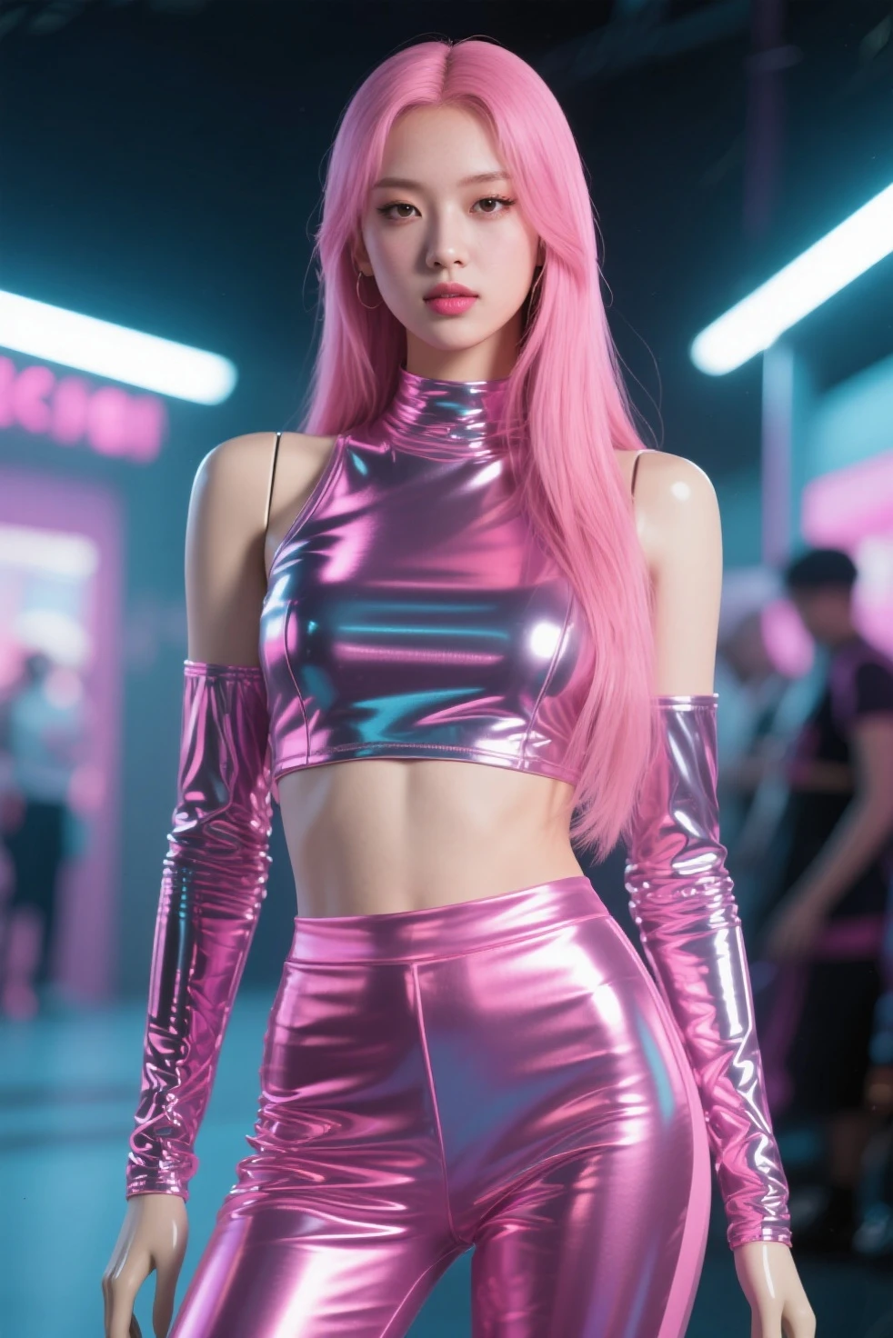 “Develop an HD Ultra Realistic image of Young Attractive Asian Woman Sophie Tan posing in a Y2K fashion scene. Sophie is outfitted in a pastel blue tube top and matching flared pants, paired with a translucent pink raincoat. The backdrop features a retro-futuristic diner with neon signs and chrome accents. Capture this image using a professional camera with a 35mm lens, highlighting Sophie’s dynamic pose and the pastel tones of her outfit (1.3). The diner setting should be artistically blurred to keep Sophie as the focal point, with post-production enhancing the neon lighting and pastel colors to match the Y2K editorial style (1.4).”