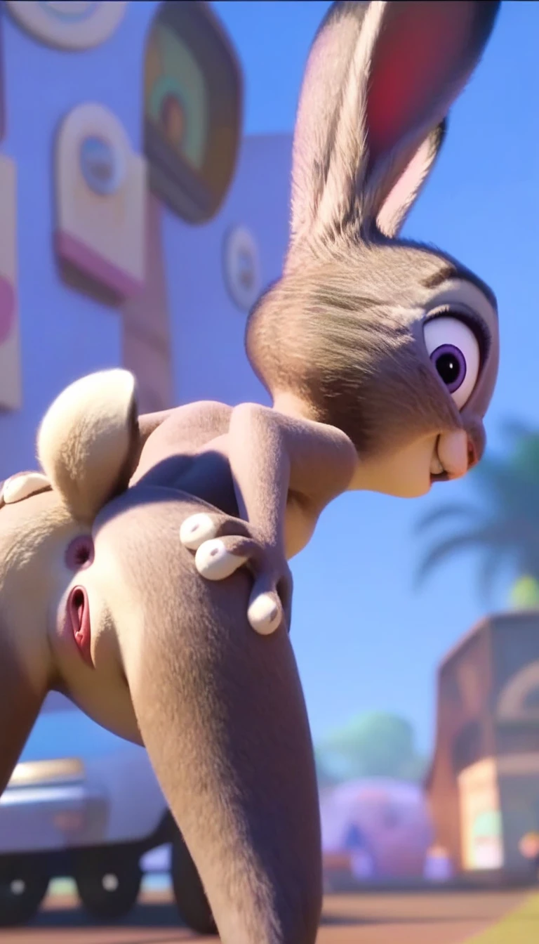 judy hopps, thick legs, thick paws, thin hips, paws pose,thick thighs,in the bathtub,crotch view,realistic fur,nude pussy and tit anus,seductive look