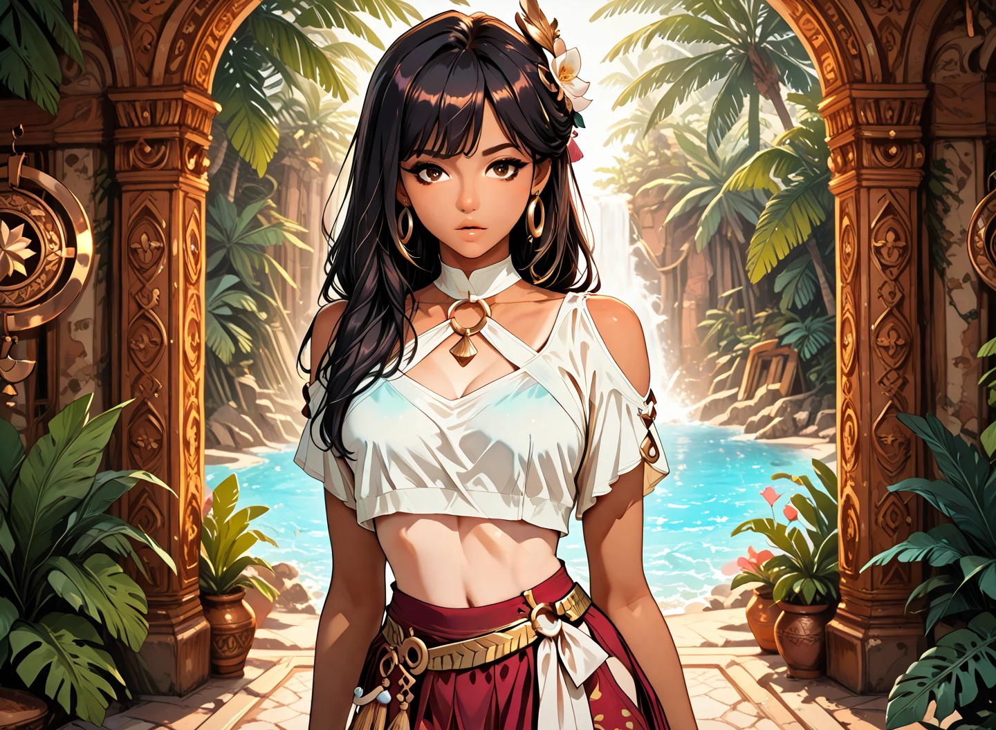Mujer, cabello negro largo, ojos que transmiten poder, morena, punto rojo debajo del ojo izquierdo, dos lunares en la mejilla izquierda, atractiva, en el bosque