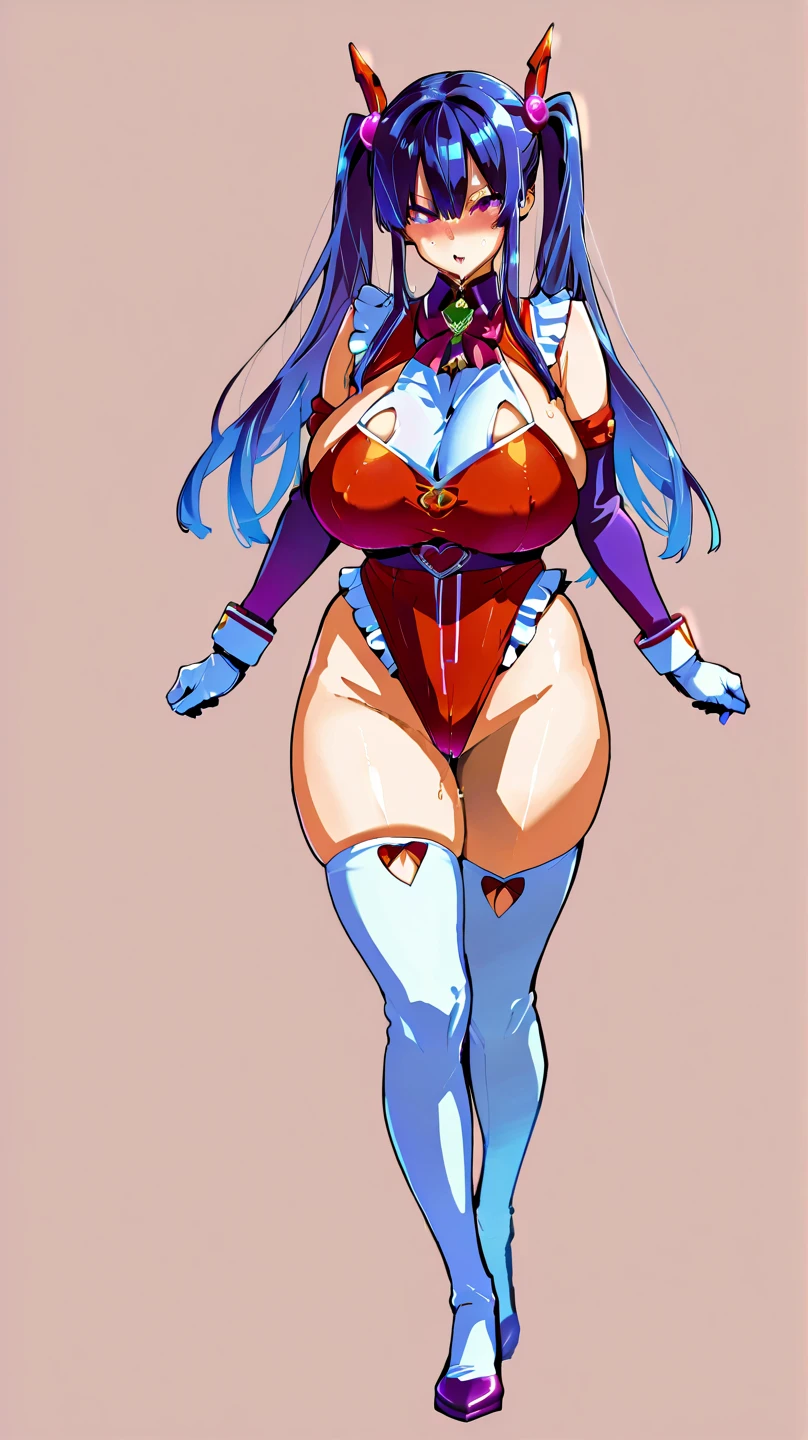 Rias gremory with huge breasts bigger than her head, wide hips and thick thighs wearing a dollsuit, rias is standing at attention facing the viewer, Her hair is long and red, she is standing at attention, she is wearing platform heels, the image is in stunning 8k, rias has been hypnotised, rias is wearing platform heels, she has blue eyes, she is wearing bodystockings, the image is extremely detailed, the image is in stunning 8k