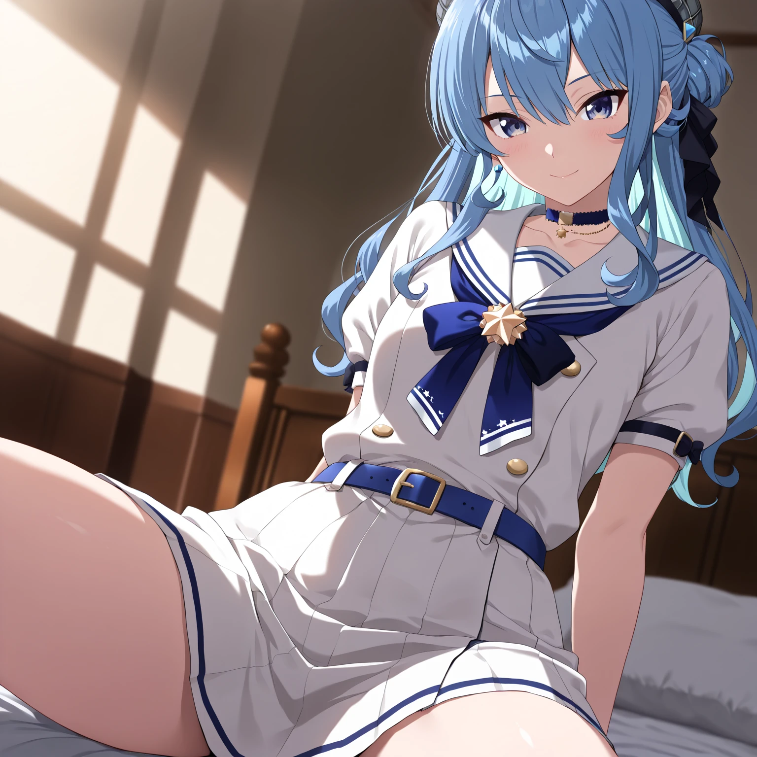 small breasted girl, short, elementary school student, blue hair, long hair, blue eyes, round eyes, shy, shy, , short, young face, short height, , ,Lingerie Set,bed,bed,lying on back