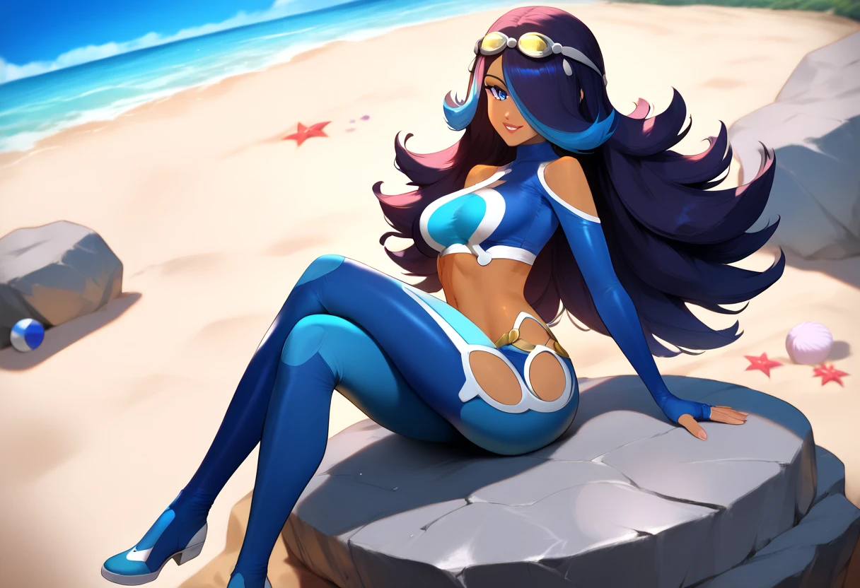 humanoid robot, 1girl, solo, presenting pussy, from behind, looking back at viewer, blue hair, long hair, chinese ethnicity, (black humanoid robot), robotic joints, medium breasts, (black and gold skin), blue eyes, outdoors, topless, beach, casual nudity, soles, sunlight, day, ass, skinny, riding dildo, vaginal penetration, athletic, from behind, lying on stomach, head down ass up, legs apart, colored pussy, glowing pussy, looking back at viewer, full body, slight smile, seductive, grey nipples, perfect penetration,