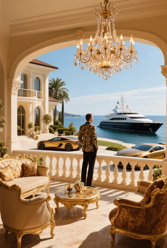 Family aboard a luxury yacht in Monaco: A successful family relaxes on the deck of their luxury yacht in Monaco. The parents are in elegant resort wear, while the children play with dollar bills in the background. The Monte Carlo skyline is visible in the distance.