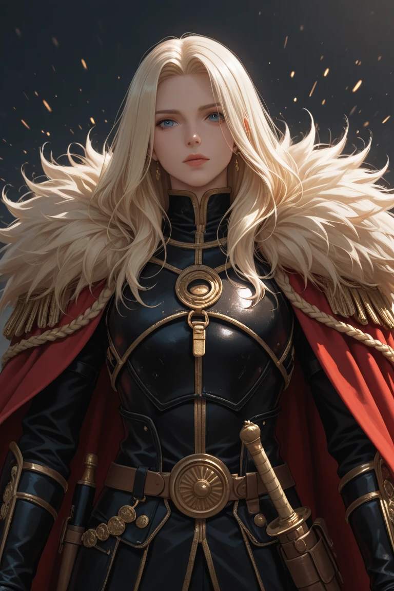 Image of an adult woman with tied golden hair wearing a futuristic black body cape with yellow details with her face with a totally serious and homicidal expression, estilo classico, visto da cintura para cima, Foto realista, 4k, extreme res, ultra high-resolution, dynamic lighting