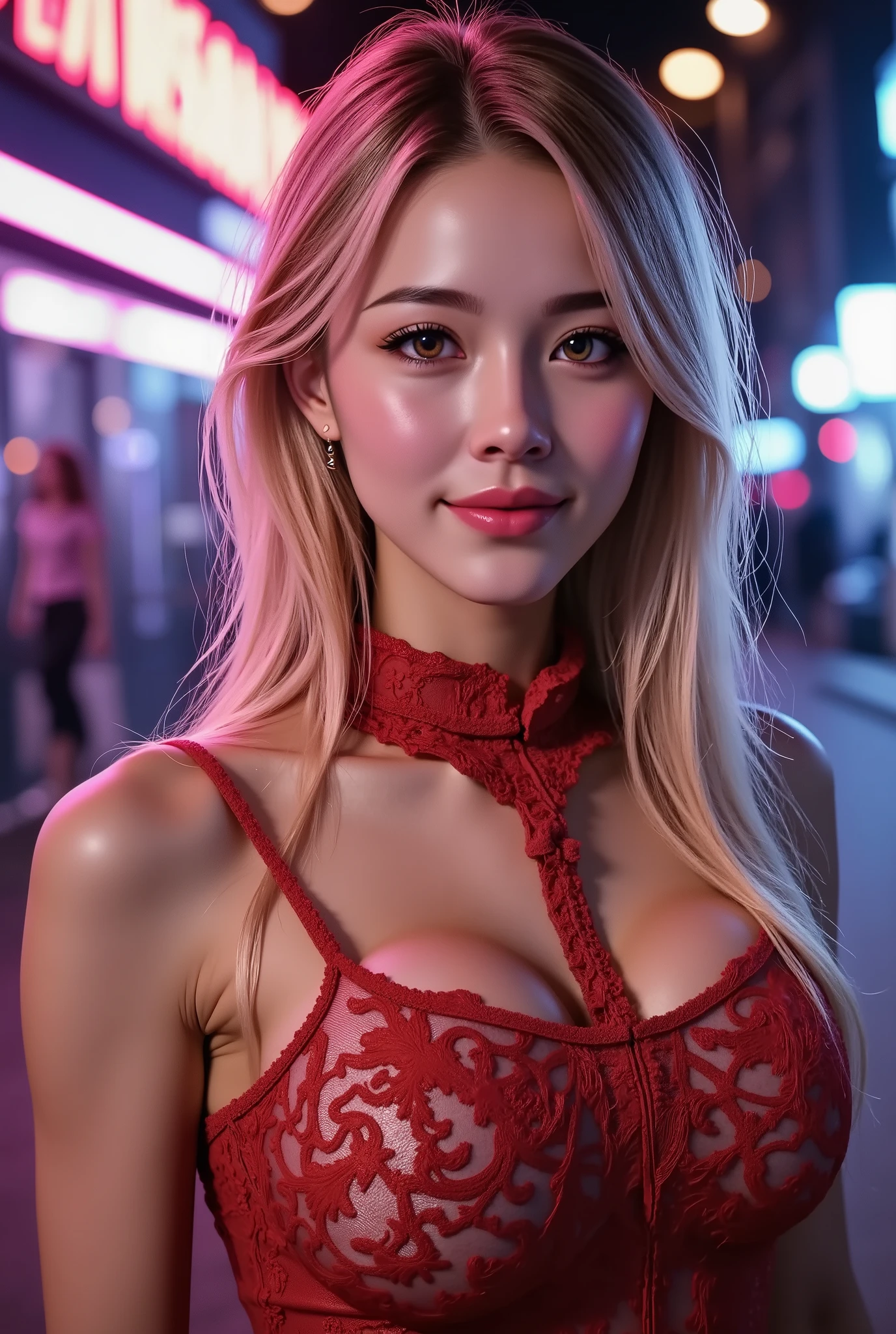  [Style: - "8k, masterpiece, realistic, photorealistic realism, hyper high resolution" - "highest quality, intricate, ultra-detailed digital art, (ultra_detailed, UHD:1.2)"] (Key Directive: - "The priority is the anatomical accuracy and texture of the materials" - "Ultra-sharp human eyes with biological accuracy") {Character: "(full body shot:1.3), [beautiful girl , perfect female skinny body], full bodyesbian, (Beautiful long legs in good style:1. 25) aaverage butt: "((firm, protruding buttocks))", (perfect hot model body:1 . 4) , (slim belly: 1 . 2) , (muscular body) , ((firm and full Fake breasts:1.45))]" | Face: "full lips, pink lipstick, intense gaze" | Eyes: - "((sharp focus, no blurry eyes, Hyper absurd quality, Hyper details, Hyper realistic brown eyes:1.3))" - "((extra narrow eyebrows))" - "(Carefully draw Long blue_mascara)" - "(perfect round eyes)" full bodyesbian, High Contrast , Costume\((layer cut: 1.2)), ((Brightly colored clothing)), ((Lively,Active,vivaciousness)), ((no_Panties)), ((Exposing thighs)), (Erotic:1.6), ((black silken skirt, (tinyskirt:1.44), no_panties, curvy)), ((short skirt wrapped at the hips))) , (rich including decorative embroidery:1.29) , ((very intricate design of epic bodysuits:1.45)) , (red-(yellow)-black epic lacy:1.38) , ((mesh stockings ((white lace))), BRAKE, ((high heel, silver, shoes)) , ((curly hair(slicked to the two side)Intricately detailed)), (Erotic,dynamic pose) , ((city night , walking On the street)), (Rendering engine: "Unreal Engine 5 path tracing, 16K texture maps") | The ultra-Highres,Unreal 5,Subsurface scattering,PBR Texturing,Post-Processing,Anisotropic Filtering,depth of fields,Maximum Sharpness and Sharpness,multi-layered texture,Albedo and Specular maps,Surface Shading,Precise simulation of light-material interactions,perfectly proportions,Octane rendering,Two-tone illumination, Wide Aperture, low ISO, white balance, The rule of thirds