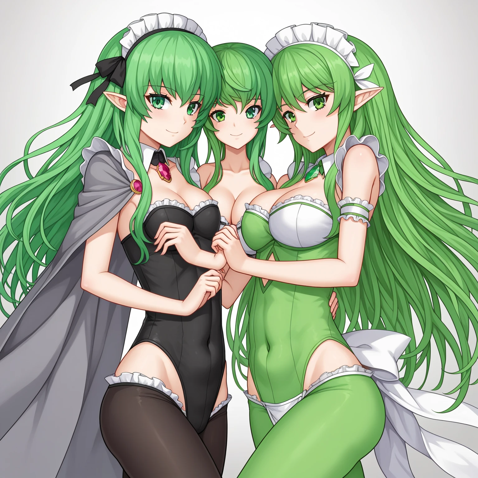 Two Girls、((Both have green skin))、((Both have long pink ponytails))、Araune、roseの花、Huge 、belly button、(Clothes made up of thick vines and leaves)、rose、Parted lips、Pointed Ears、(Red eyes),(首と髪にroseの花),(Full nudity),(Thick vines with thorns crawl all over the body)