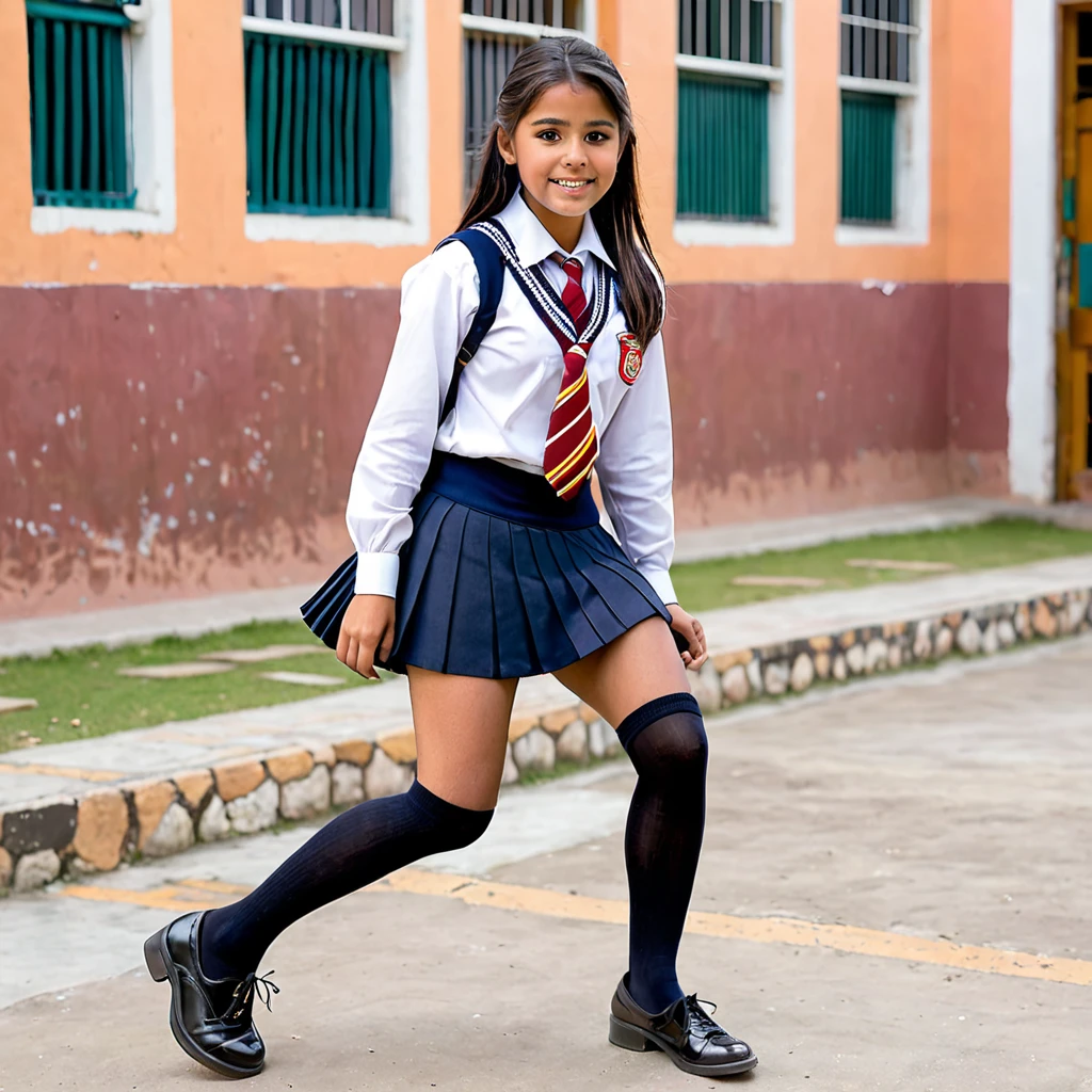 Award - winning photograph, Masterpiece, 8k, ultra high res, hyper detailed, portrait photo a sexy little latin girls about 10 years old standing in a classroom with messy cream spread all over her wet mouth, full of saliva, dripping, rests of food on her body, tears, smiling, wet face, milk on her face, and cucumbers on a table, she is wearing a sexy school uniform, very short skirt, high socks, ass