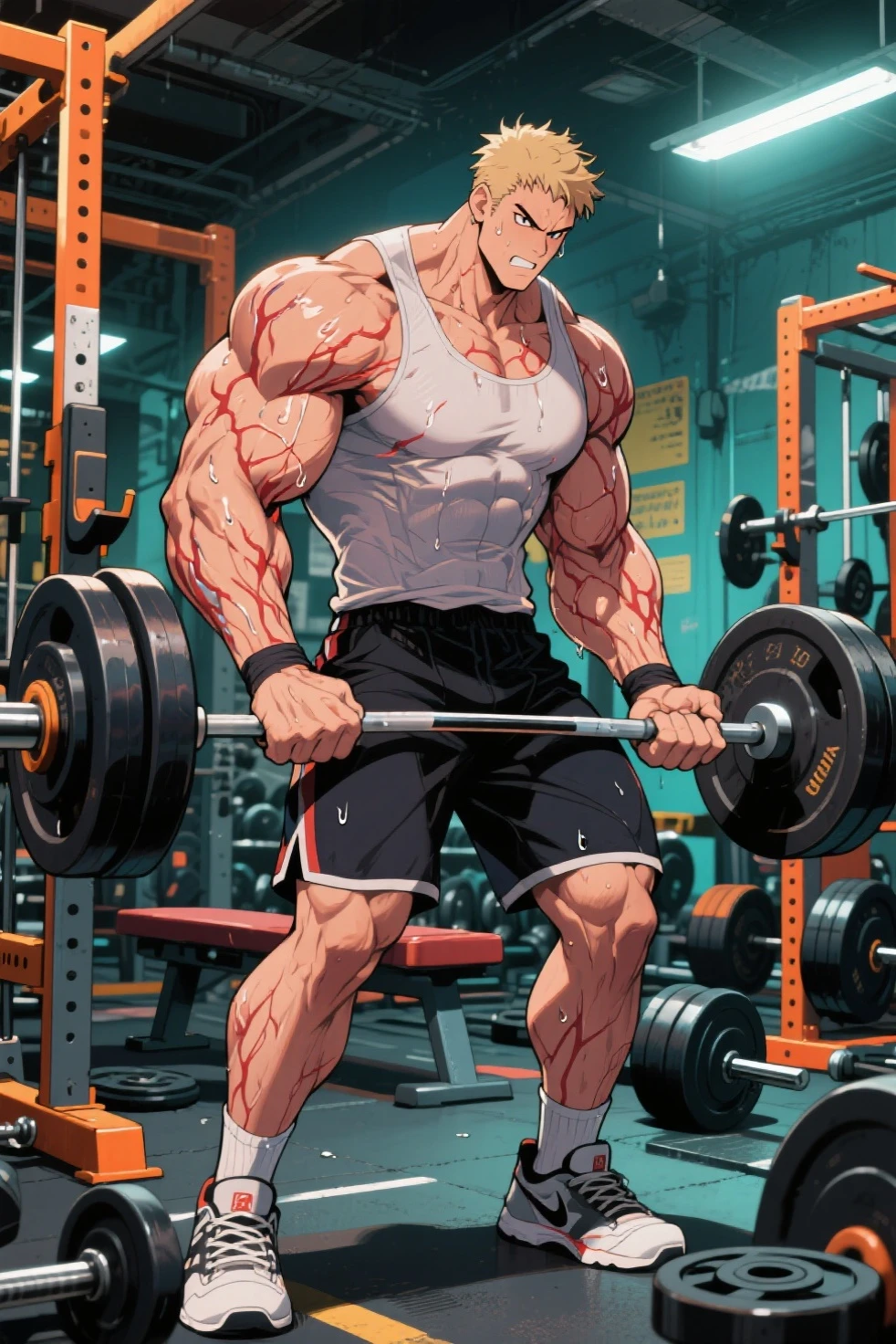 (work of art, best qualityer,)((detailded)) (one men) 肌肉男, Red hair, Eyes red, Homem com raiva, defined muscles, cross cut scar on chest, gym shorts, one men com corpo musculoso, muscular character, photo by full body, superhero body, full character body, full body concept, detailded full body concept, muscle body with battle scars, figura muscular, realistic proportions!!, full body and head, the embodiment of anger