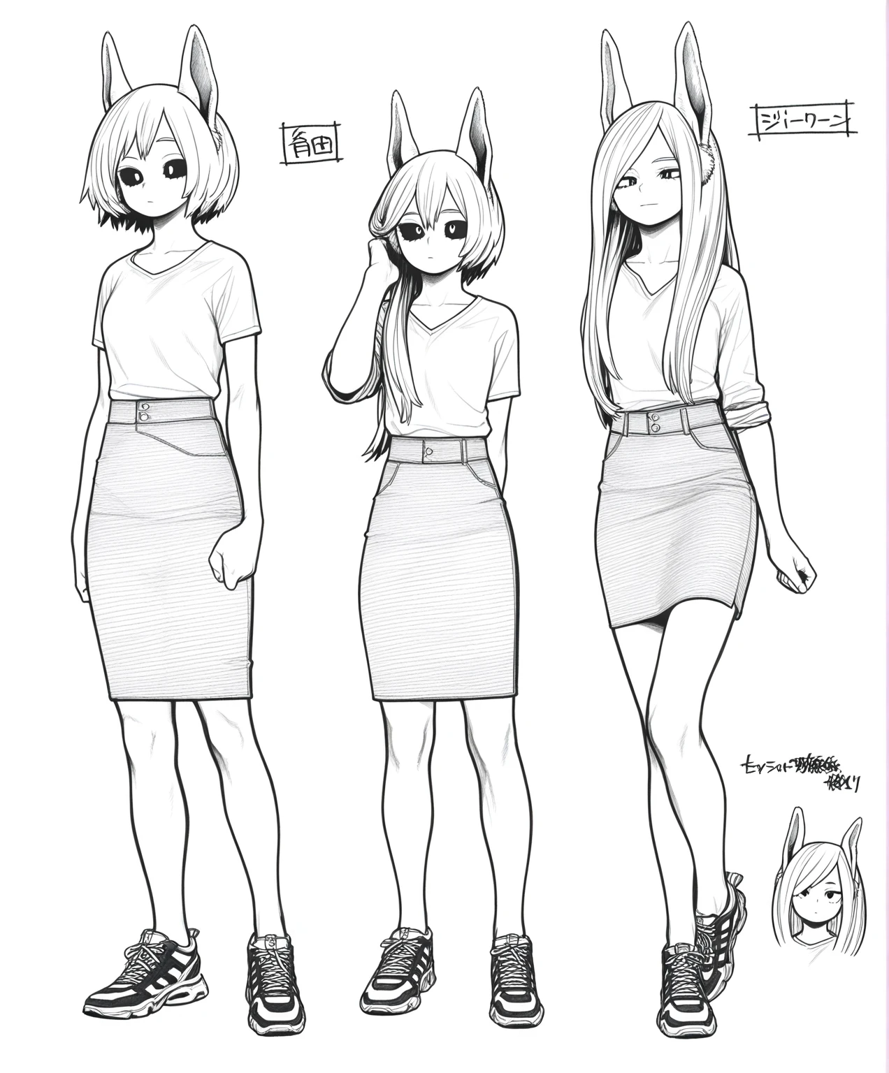 (masterpiece, best quality) detailed, sober girl, tall, drawing reference, reference, lineart, sketch, casual clothes, a short and a shirt, hips, long hair (character design sheet, same character, in dynamic poses)
